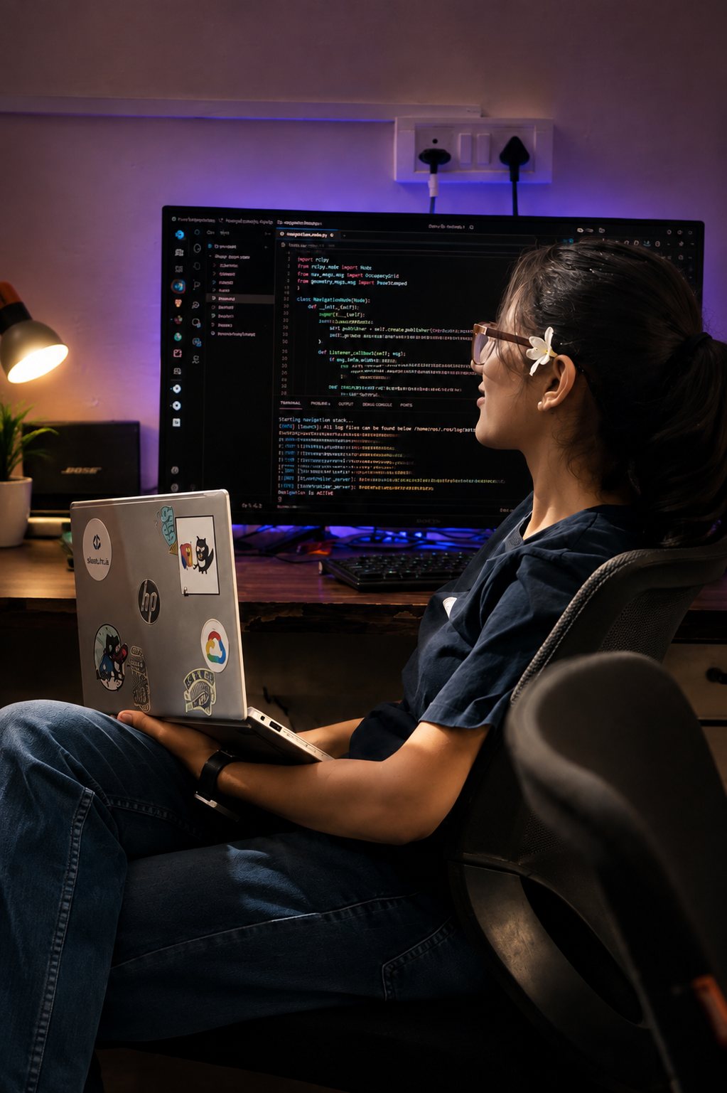 Shlesha soldering at her desk